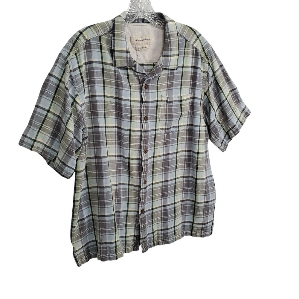Tommy Bahama Mens Sz L Shirt Silk Original Fit Plaid Short Sleeve Casual Resort